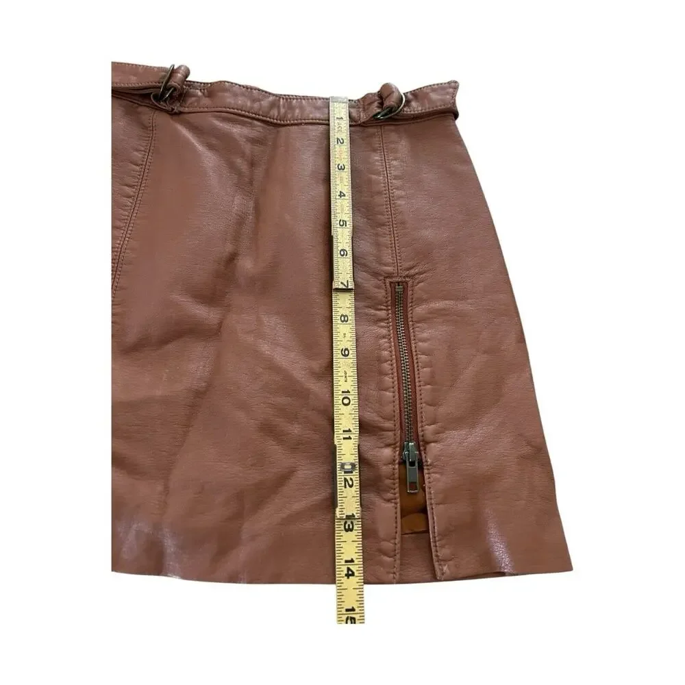 Free People Skirt‎ Women 2 Brown Mini A-Line Faux Leather Slit Belted Boho